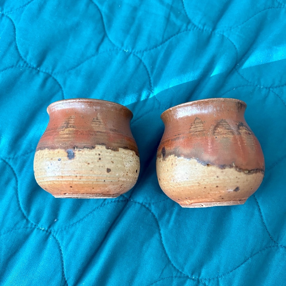 Set of 2 studio pottery vases or tea bowls/cups signed MCM style natural glaze
